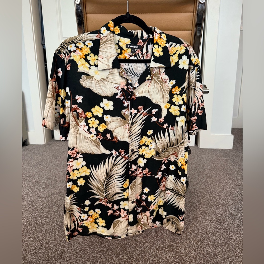 Express Black Floral Shirt with Yellow and Cream Accents